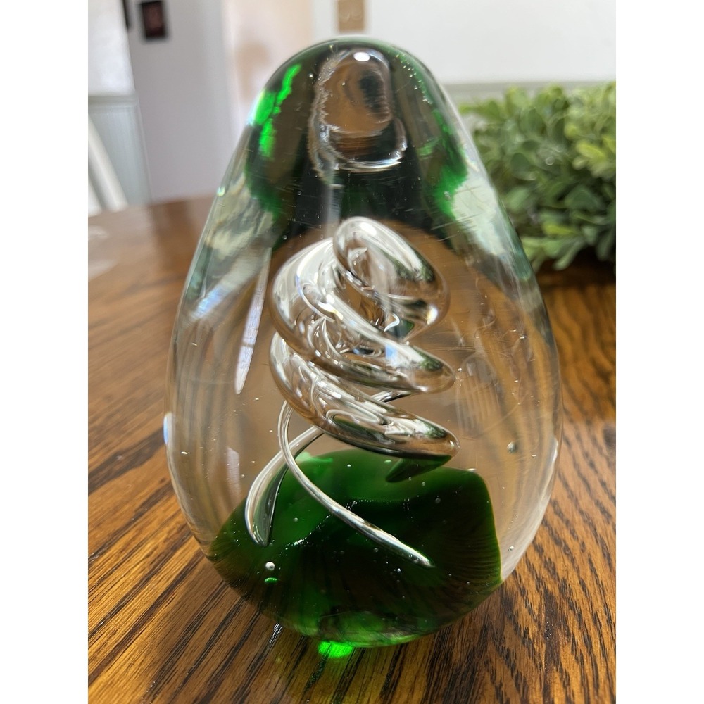 Vintage Glass Paper Weight Egg Shaped Green Base And Green Top With Clear Swirl